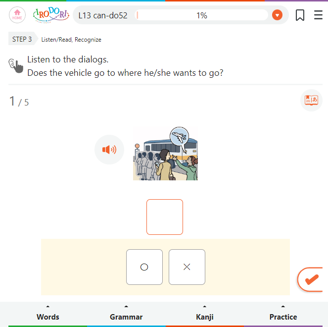 Image of a listening practice page, with the instruction Listen to the dialogs. Does the vehicle go to where he/she wants to go? and an illustration of a person talking while in line to board a bus, among others