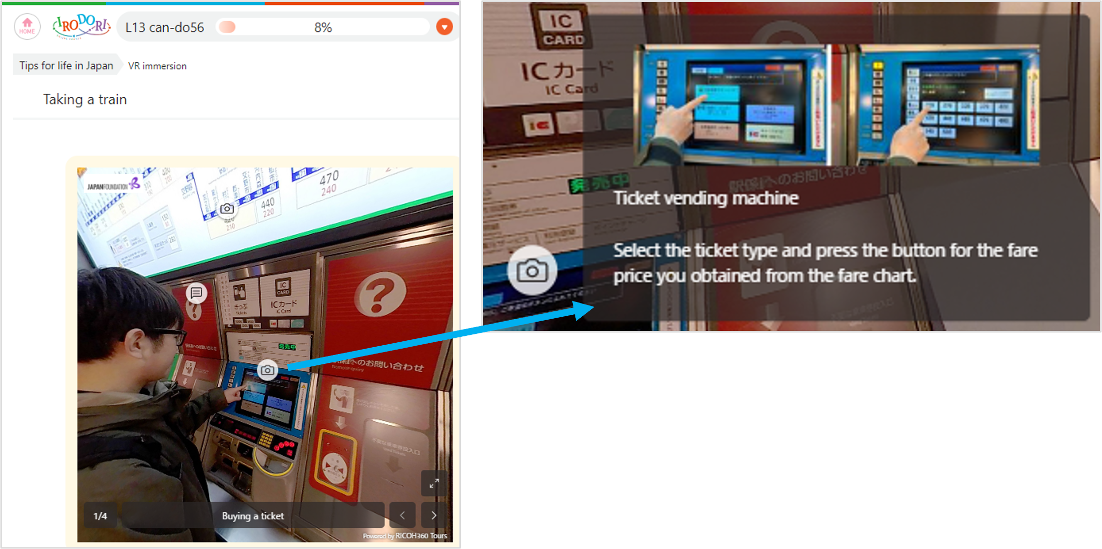 Image of a VR immersion page called Taking a train, with photos of a person using the ticket vending machine and the ticket vending machine with the description Ticket vending machine - Select the ticket type and press the button for the fare price you obtained from the fare chart.