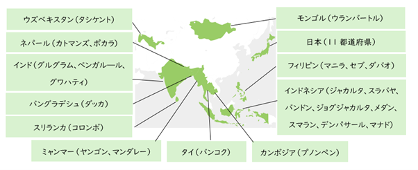 2025年2月-3月JFT-Basicテストを実施する国・都市の地図。ウズベキスタン(タシケント)、ネパール(カトマンズ、ポカラ)、インド(グルグラム、ベンガルール、グワハティ)、バングラデシュ(ダッカ)、スリランカ(コロンボ)、ミャンマー(ヤンゴン、マンダレー)、タイ(バンコク)、カンボジア(プノンペン)、インドネシア(ジャカルタ、スラバヤ、バンドン、ジョグジャカルタ、メダン、スマラン、デンパサール、マナド)、フィリピン(マニラ、セブ、ダパオ)、日本(11都道府県)、モンゴル(ウランバートル)。