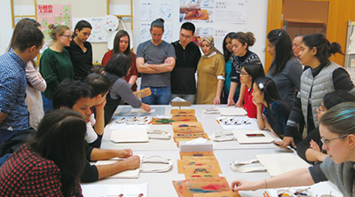 Photo of a long-Term Training Program for Teachers of the Japanese Language participants attending field trip (Yuzen dyeing experience) held at the Japanese-Language Institute, Urawa