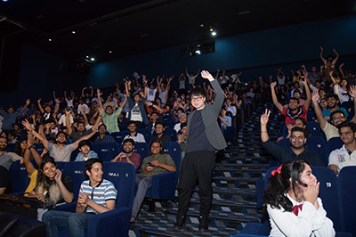 Photo of Weathering With You director SHINKAI Makoto and the overflowing audience