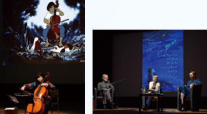 Photo of reading and cello concert during MIYAZAWA Kenji Month, and Photo of a three-way discussion commemorating the publication of the German edition of “Night on the Galactic Railroad”