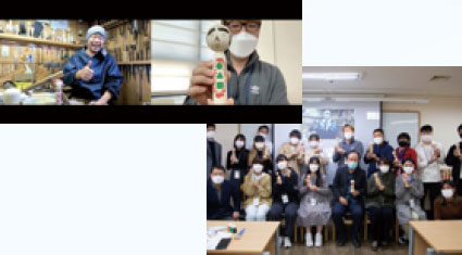 Image of online kokeshi painting workshop, and commemorative photo of a group of the students