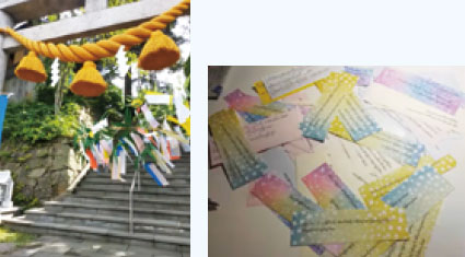Photo of a Japanese shrine where Tanabata bamboo branches have been dedicated, and photo of tanzaku paper slips which people from Myanmar have written their wishes on