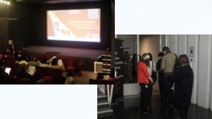 Photo of the opening of the Touring Film Programme at the London ICA, and photo of the audience queuing to enter the venue