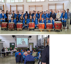 Photos of a taiko drum workshop and a commemorative ceremony
