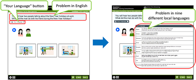 Image of a question screen, clicking on the “IYour Language” button at the bottom left of the problem will display the problem in nine different local languages, click to enlarge