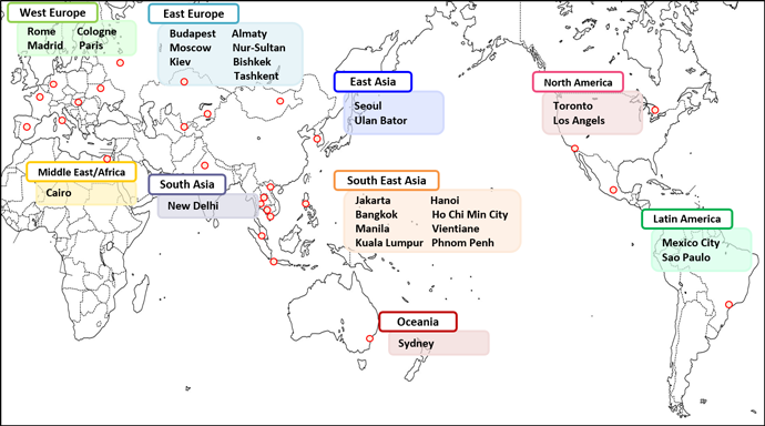 The map of the JF language course sites(28 locations) across the globe(as of October 2020）：Western Europe(Rome,Cologne,Madrid,Paris) Eastern Europe(Budapest,Almaty,Moscow,Nur-Sultan,Kiev,Bishkek,Tashkent) Middle East/ Africa(Cairo) South Asia(New Delhi) East Asia(Seoul,Ulan Bator) Southeast Asia(Jakarta,Hanoi,Bangkok,Ho Chi Min City,Manila,Vientiane,Kuala Lumpur,Phnom Penh) Oceania(Sydney) North America(Toronto,Los Angels) Latin America(Mexico City,Sao Paulo)