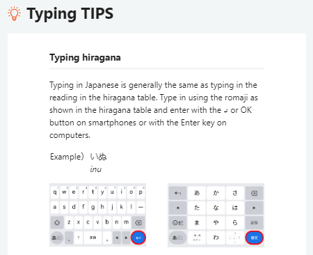 Image of a page containing the description Typing hiragana - Typing in Japanese is generally the same as typing in the reading in the hiragana table., among others, as well as an input screen example