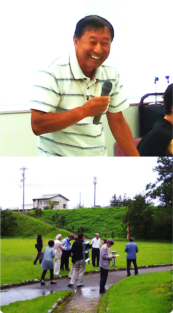 永井 厳氏のポートレートと、いなみ国際木彫刻キャンプ実行委員会の活動の様子