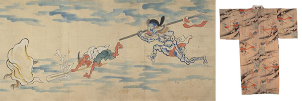 Image of Courtesy of Miyoshi City: Night Parade of One Hundred Demons Picture Scroll (detail) / Kimono with Night Parade of One Hundred Demons Pattern (right) 