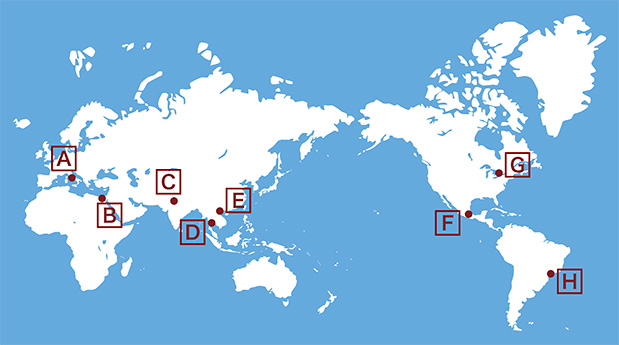 世界地図。地図上のA～Hまでのリンクをクリックすると、本文の該当する記事にリンクします。