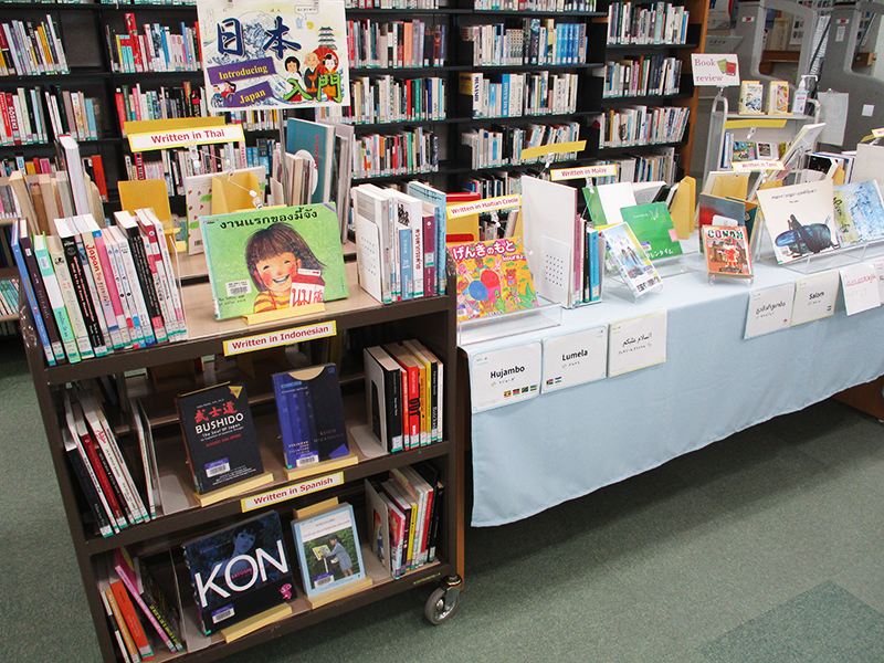 There are multilingual books on the library table.
