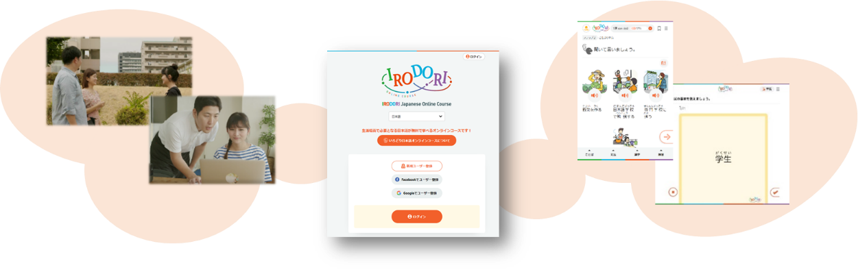 いろどり日本語オンラインコースのウェブサイトのトップページと教材、ビデオ画面のキャプチャー画像