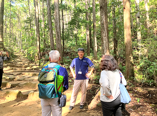 A man carrying a backpack on an old road surrounded by cedar trees