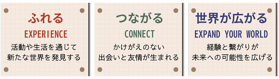 ふれるEXPERIENCE 活動や生活を通じて新たな世界を発見する つながるCONNECT かけがえのない出会いと友情が生まれる 世界が広がるEXPAND YOUR WORLD 経験と繋がりが未来への可能性を広げる