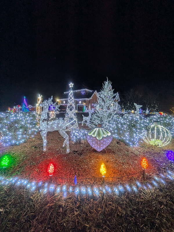 大きなクリスマスデコレーションが夜の暗さにひときわ輝いている様子