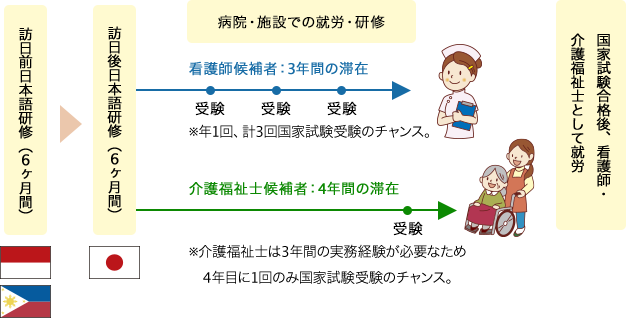 インドネシア、フィリピンでの訪日前日本語研修（6ヶ月間）の後、訪日後日本語研修（6ヶ月間） 病院・施設での就労・研修 看護師候補者：3年間の滞在（年1回、計3回国家試験受験のチャンス）、介護福祉士候補者：4年回の滞在（介護福祉士は3年間の実務経験が必要なため4年目に1回のみ国家試験受験のチャンス） 国家試験合格後、看護師・介護福祉士として就労