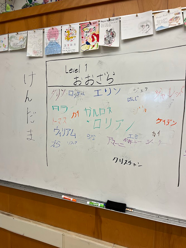 けんだまの「Level1:おおざら」ができる者の名前が書いてあるホワイトボードが写っている。