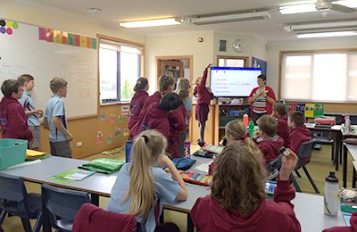 Photo of sixth-grade primary school students playing a mini-game as a class