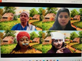 インドの笑い話をオンラインで、日本語劇で披露している様子の写真