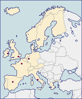 西欧の地図 に赤丸でダブリンとローマとロンドンとマドリードとケルンとパリを示した画像