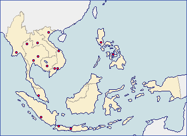 画像の下の表に記載された派遣先都市名が赤丸で示された東南アジアの地図