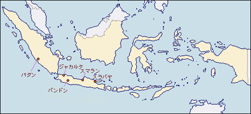 インドネシアの地図  に赤丸でジャカルタとスラバヤとバンドンとパダンとスマランを示した画像