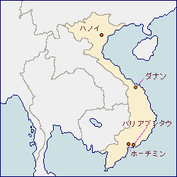 ベトナム社会主義共和国の地図 に赤丸でハノイとホーチミンとフエとバリアブンタウとダナンを示した画像