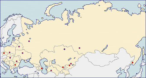 東欧の地図 に赤丸でバクーとキエフとタシケントとアルマティとビシュケクとアシガバットとブダペストとソフィアとミンスクとクラクフとブカレストとノボシビルスクとモスクワを示した画像
