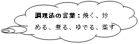 調理法の言葉：焼く、炒める、煮る、蒸す