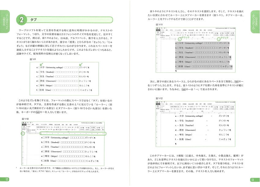 『7日でわかる日本語教師のためのIT講座―Word・Excel・PowerPointから画像・動画編集まで―』12ページと13ページ