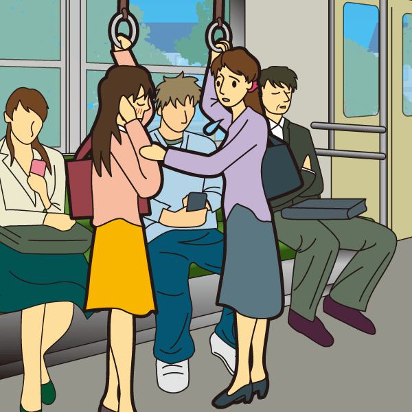 電車内にて体調の優れない人を友人が心配している様子のイラスト