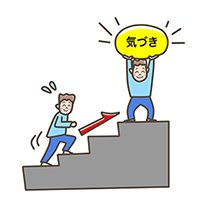 「気づき」へのステップイメージイラスト：階段を上る学習者、階段の一番上に「気づき」と書いてある。