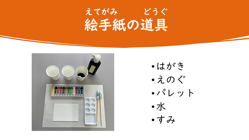 絵手紙をかく時に必要な道具(はがき、えのぐ、パレット、水、すみ)を写真とことばで示している。