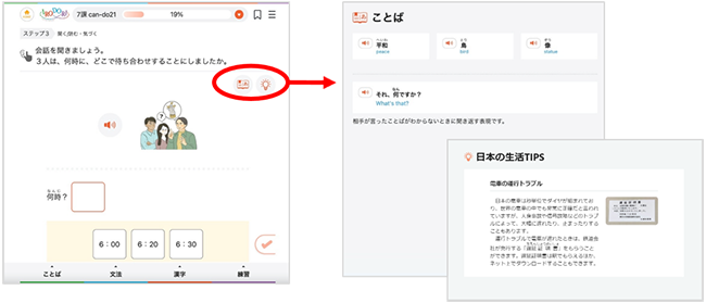 学習コンテンツページ右上にあるアイコンからことばの説明ページ、日本の生活TIPSページが開くイメージ画像  右側画像をクリックすると拡大画像が表示されます。