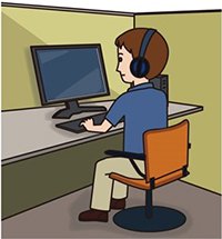 Image of a man wearing headphones and heading to a computer in the booth.