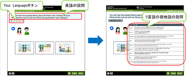 問題画面イメージ画像（設問の左下の「Your Language」ボタンをクリックするとポップアップで9言語の現地語の設問が表示される）　クリックすると拡大画像が表示されます。