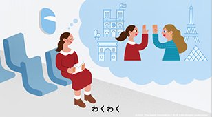 「わくわく」のイメージ画像（乗り物に乗っている女の人が、行き先で知人に会う様子を想像しているイラスト）