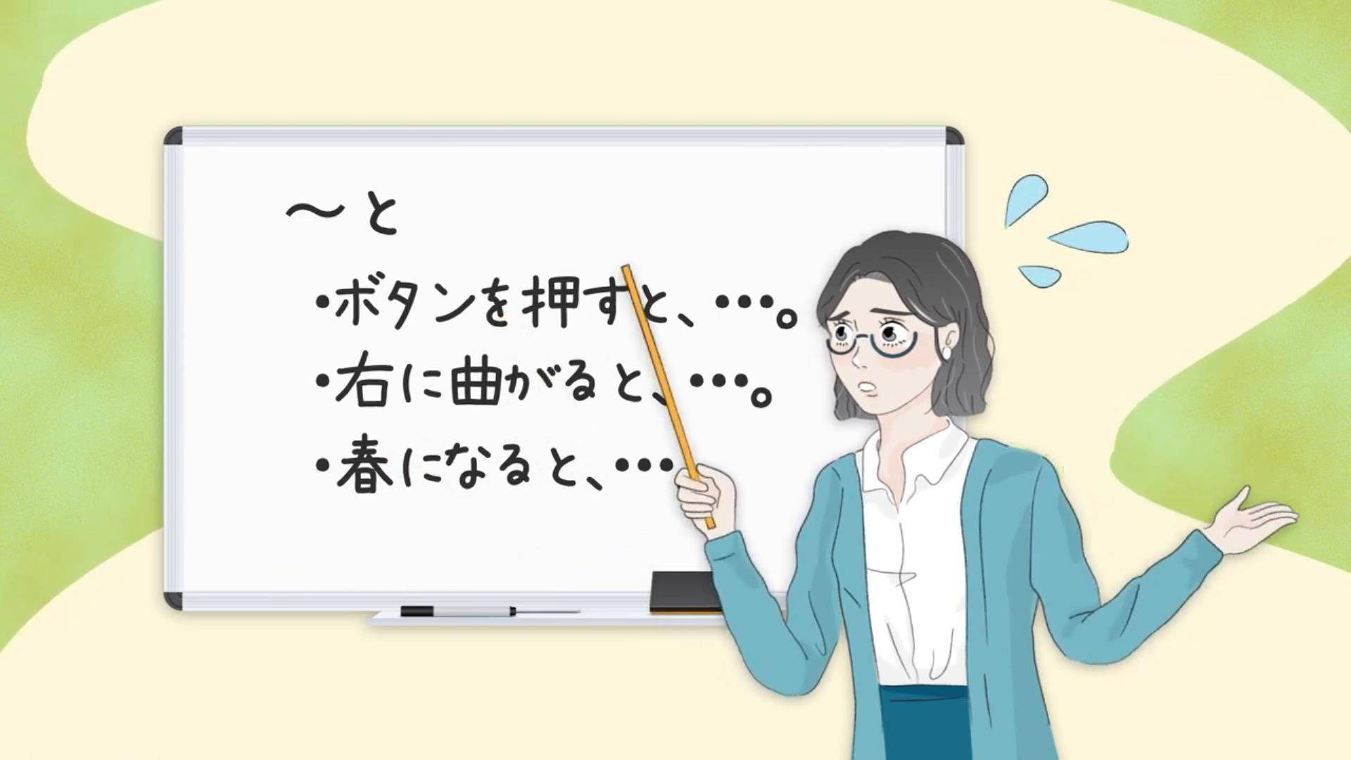 「～と　ボタンを押すと、…。右に曲がると、…。春になると、…。」が書かれたホワイトボードを指し示す女の人のイラスト画像