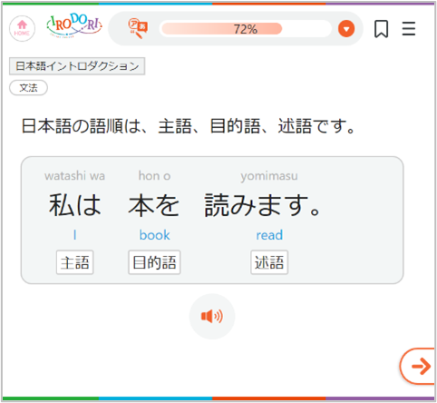 「日本語の語順は、主語、目的語、述語です。 」の文法について例文「私は 本を 読みます。」を使って解説したページの画像