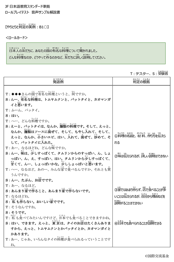 「JF日本語教育スタンダード準拠 ロールプレイテスト 音声サンプル解説書」のPDFのスクリーンショット