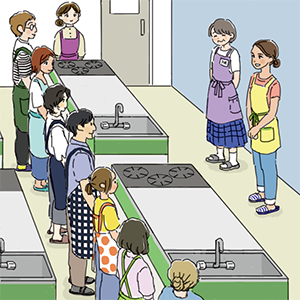 トピック「出会う」第7課「たくさんの人と友だちになれればと思っています」の「3.いろいろ誘ってもらえればうれしいです」の自己紹介の場面のイラスト