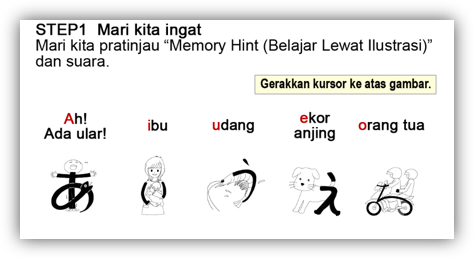 インドネシア語の説明の下に、「あいうえお」と文字を連想させるイラストが横に並んでいる教材ページの画面例
