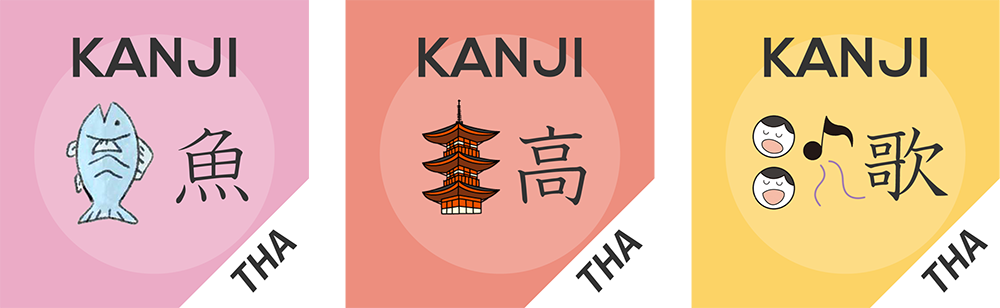 左から「魚」、「高」、「歌」の漢字がイラストとともに横に並んでいるKANJI Memory Hintのアプリのアイコン