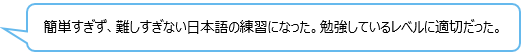 簡単すぎず、難しすぎない日本語の練習になった。勉強しているレベルに適切だった。