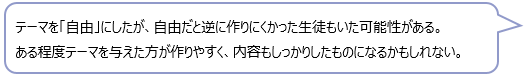 テーマを「自由」にしたが、自由だと逆に作りにくかった生徒もいた可能性がある。ある程度テーマを与えた方が作りやすく、内容もしっかりしたものになるかもしれない。