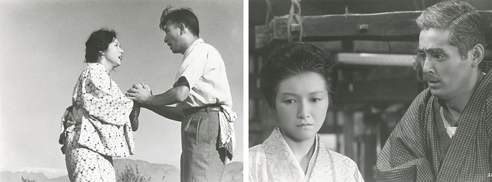 Images from two scenes in the film ‘The Bitter Spirit (with English subtitles)’. The left shows two characters, a man and a woman, holding hands. The right shows a man and a woman with serious expressions.