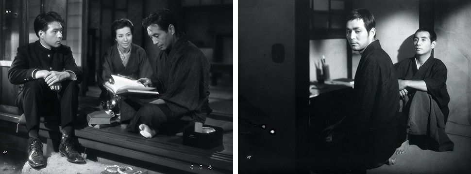 Images from two scenes in the film ‘Heart (with English subtitles)’. Left: A man is looking at a book; a woman approaches him, and another man observes the scene. Right: Two men sit with solemn expressions.