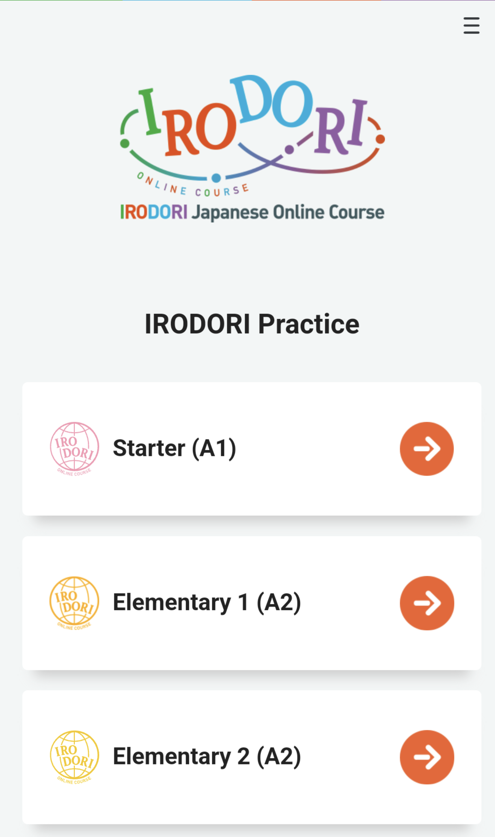 Image of the top screen of the IRODORI Practice app